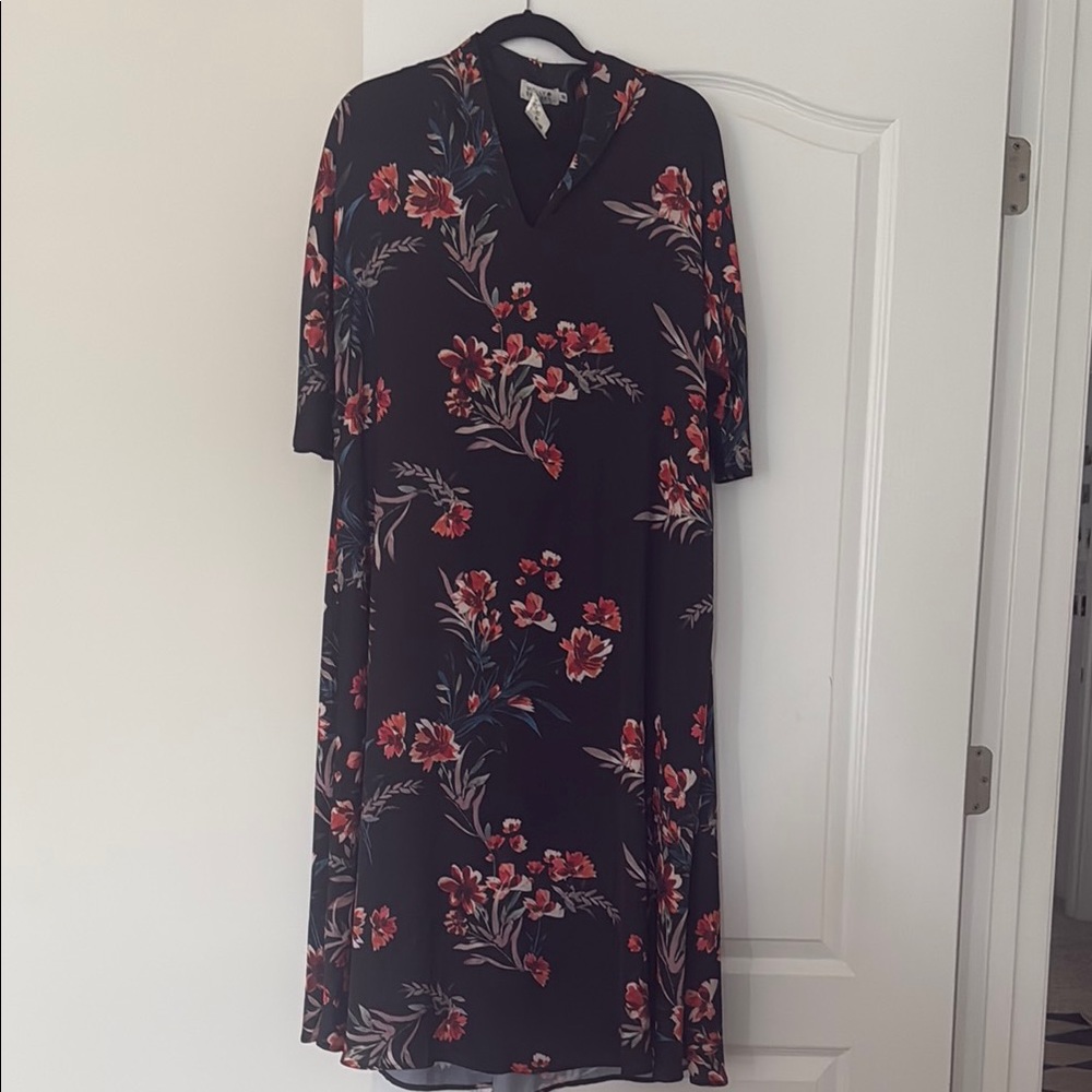 Molly Bracken Black Midi Dress with Red Floral Print